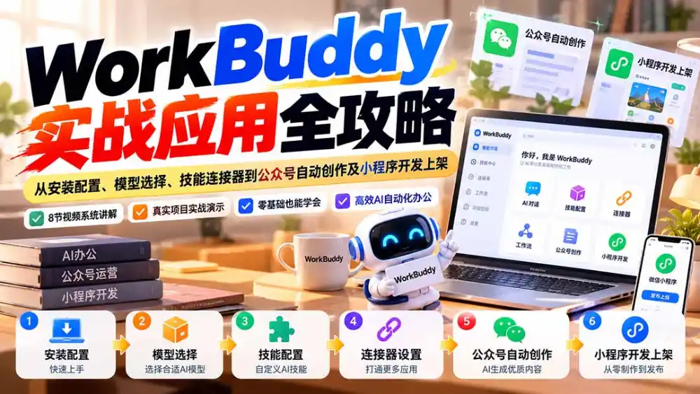 WorkBuddy 实战应用全攻略：从安装配置、模型选择、技能连接器到公众号自动创作及小程序开发上架-一起筹课网