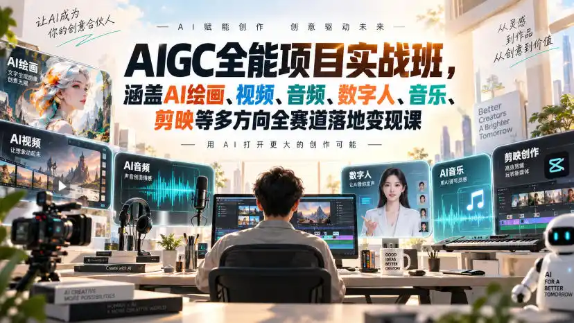 AIGC全能项目实战班，涵盖AI绘画、视频、音频、数字人、音乐、剪映等多方向全赛道落地变现课-一起筹课网