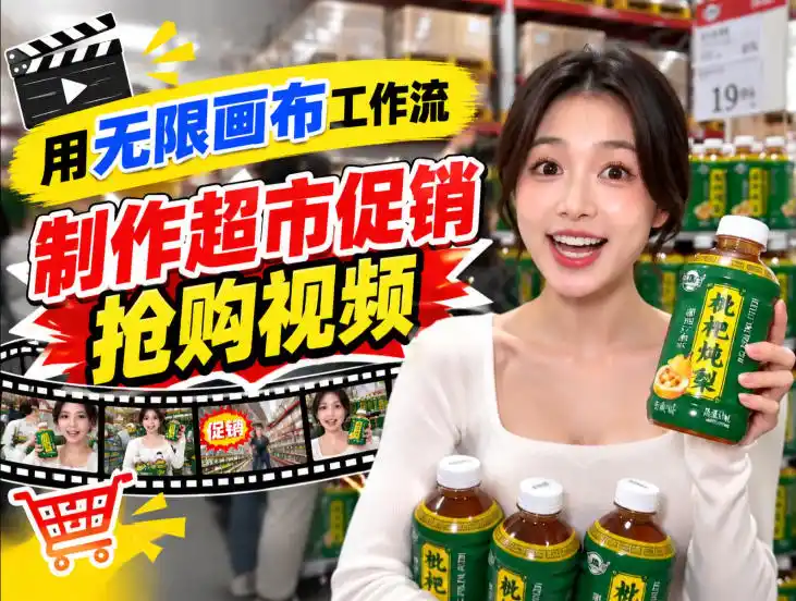 无限画布超市促销抢购视频工作流，一键产出TikTok抖音带货短视频-一起筹课网