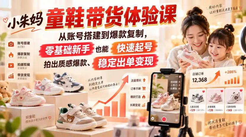 小朱妈童鞋带货体验课，从账号搭建到爆款复制，零基础新手也能快速起号、拍出质感爆款、稳定出单变现-一起筹课网