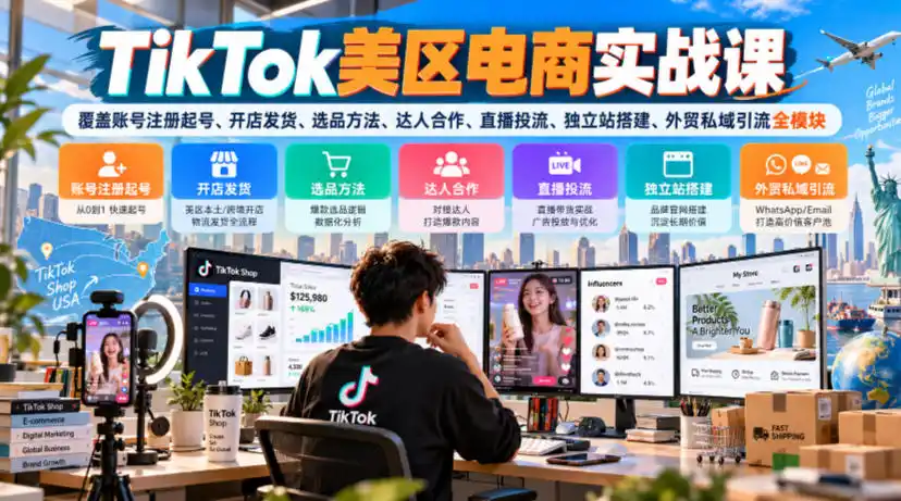 TikTok美区电商实战课，覆盖账号注册起号、开店发货、选品方法、达人合作、直播投流、独立站搭建、外贸私域引流全模块-一起筹课网
