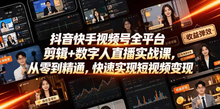 抖音快手视频号全平台剪辑+数字人直播实战课,从零到精通,快速实现短视频变现(更新2026年6月)