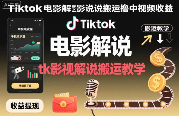 Tiktok电影解说搬运撸中视频收益,tk影视解说搬运教学-一起筹课网
