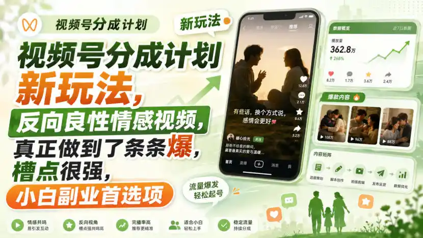视频号分成计划新玩法，反向良性情感视频，真正做到了条条爆，槽点很强，小白副业首选项-一起筹课网