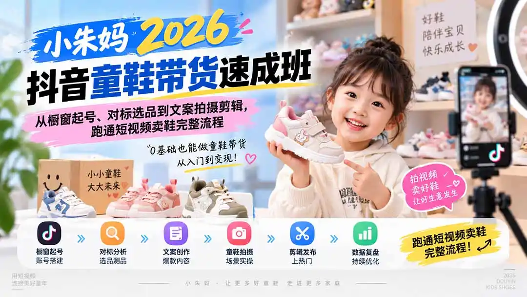 小朱妈2026抖音童鞋带货速成班：从橱窗起号、对标选品到文案拍摄剪辑，跑通短视频卖鞋完整流程-一起筹课网