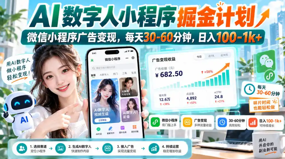 【无水印】AI数字人小程序掘金计划，微信小程序广告变现，每天30‑60分钟，日入100‑1k+-一起筹课网