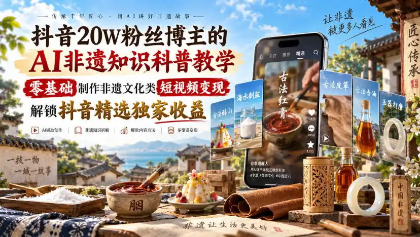 抖音20W粉丝博主的AI非遗知识科普教学，零基础制作非遗文化类短视频变现，解锁抖音精选独家收益-一起筹课网