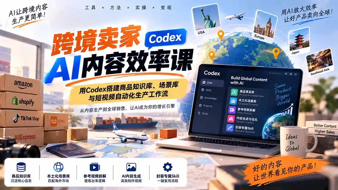 跨境卖家AI内容效率课：用Codex搭建商品知识库、场景库与短视频自动化生产工作流-一起筹课网