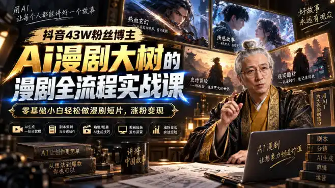 抖音43W粉丝博主Ai漫剧大树的漫剧制作全流程实战课，零基础小白轻松做漫剧短片，涨粉变现-一起筹课网