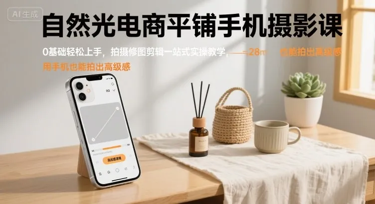 自然光电商平铺手机摄影课，0基础轻松上手，拍摄修图剪辑一站式实操教学，用手机也能拍出高级感-一起筹课网
