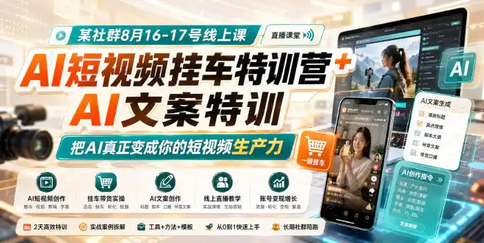 某社群8月16-17号线上课,AI短视频挂车特训营+AI文案特训,把AI真正变成你的短视频生产力-一起筹课网