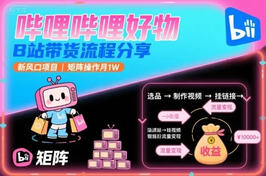 哔哩哔哩好物，B站带货流程分享，新风口项目，矩阵操作月1W-一起筹课网