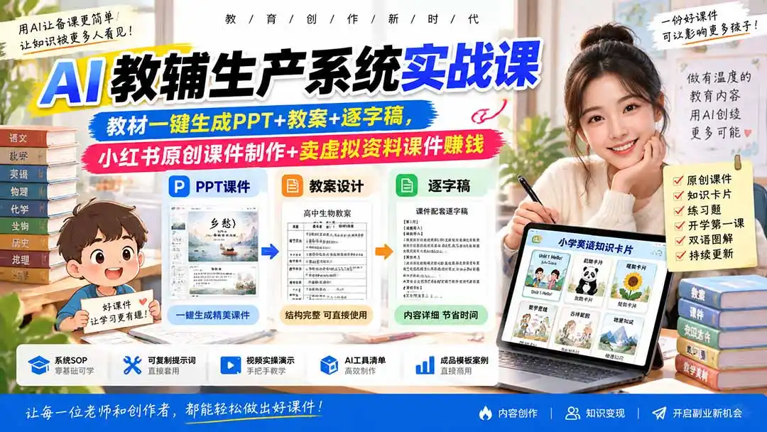 AI教辅生产系统实战课｜教材一键生成PPT+教案+逐字稿，小红书原创课件制作+卖虚拟资料课件赚钱-一起筹课网