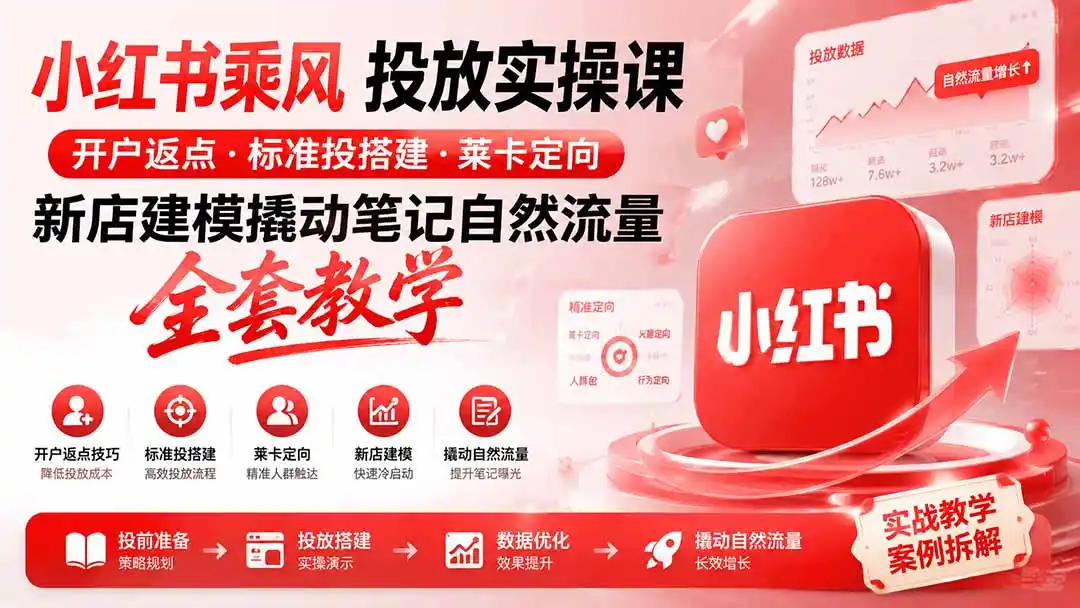 小红书乘风投放-100分钟实操课｜开户返点·标准投搭建·莱卡定向，新店建模撬动笔记自然流量全套教学-一起筹课网