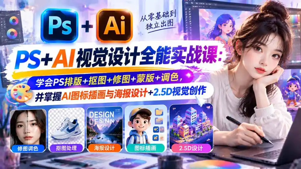 【无水印】PS+AI视觉设计全能实战课：学会PS排版+抠图+修图+蒙版+调色，并掌握AI图标插画与海报设计+2.5D视觉创作-一起筹课网