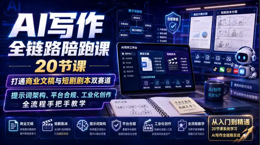 AI写作全链路陪跑课｜20节课打通商业文稿与短剧剧本双赛道，提示词架构、平台合规、工业化创作全流程手把手教学-一起筹课网