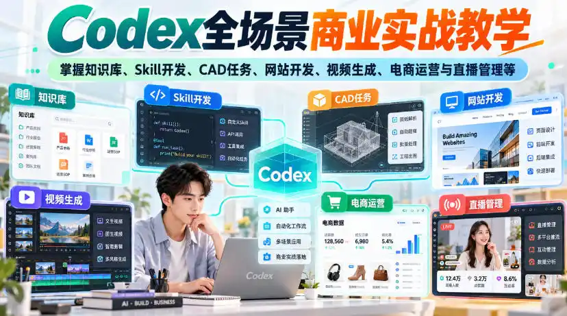【无水印】Codex全场景商业实战教学，掌握知识库、Skill开发、CAD任务、网站开发、视频生成、电商运营与直播管理等-一起筹课网