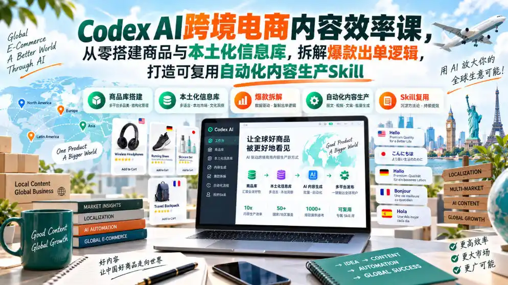 Codex AI跨境电商内容效率课，从零搭建商品与本土化信息库，拆解爆款出单逻辑，打造可复用自动化内容生产Skill-一起筹课网