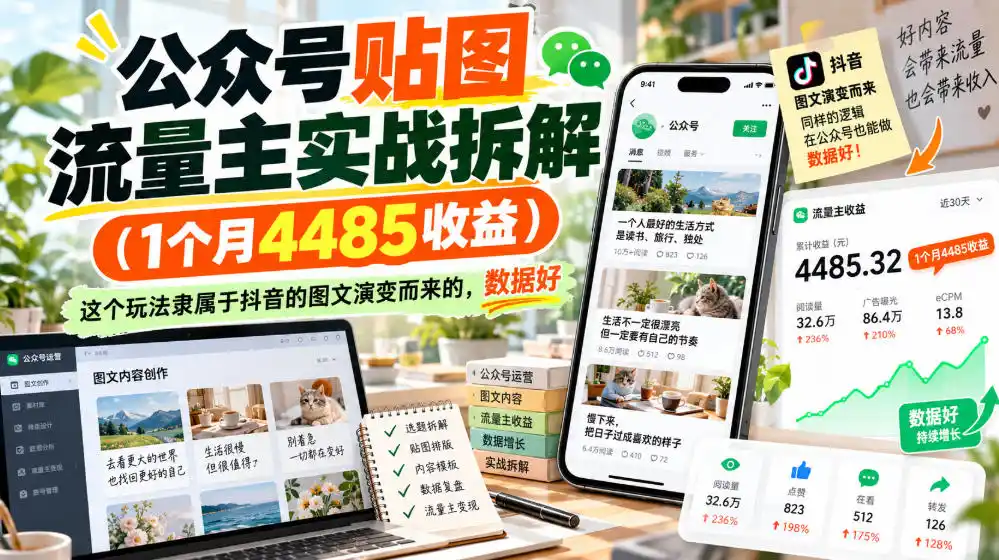 公众号贴图流量主实战拆解(1个月4485收益)，这个玩法隶属于抖音的图文演变而来的，数据好-一起筹课网