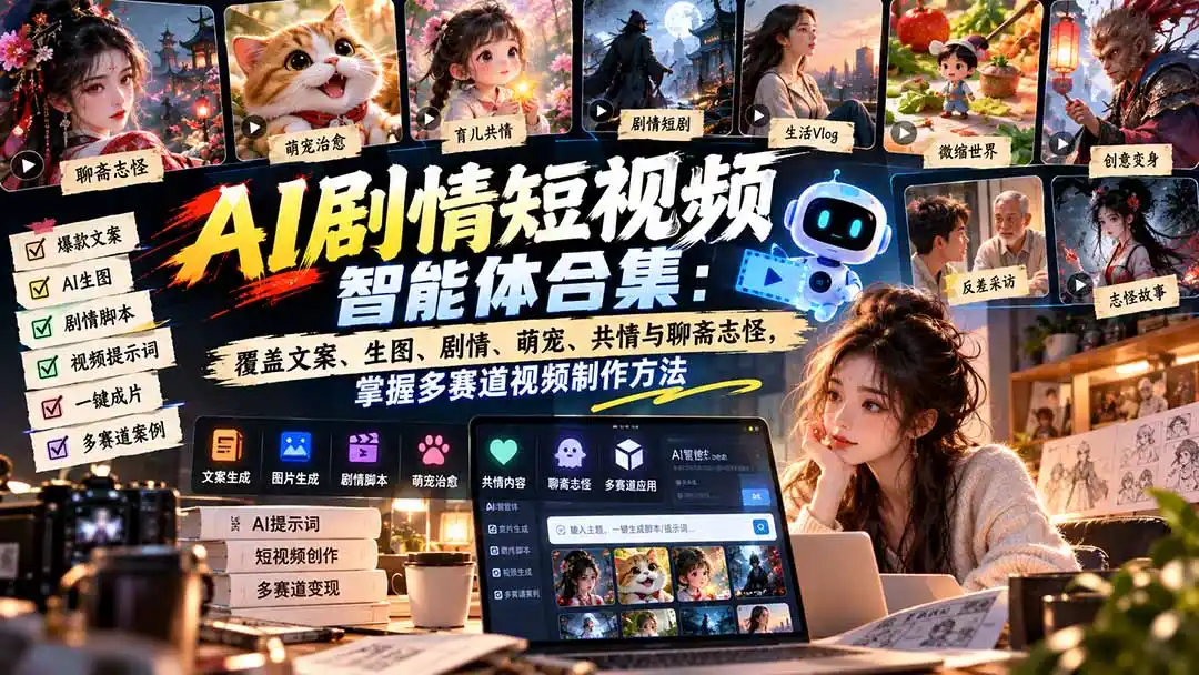 【无水印】AI剧情短视频智能体合集：覆盖文案、生图、剧情、萌宠、共情与聊斋志怪，掌握多赛道视频制作方法-一起筹课网
