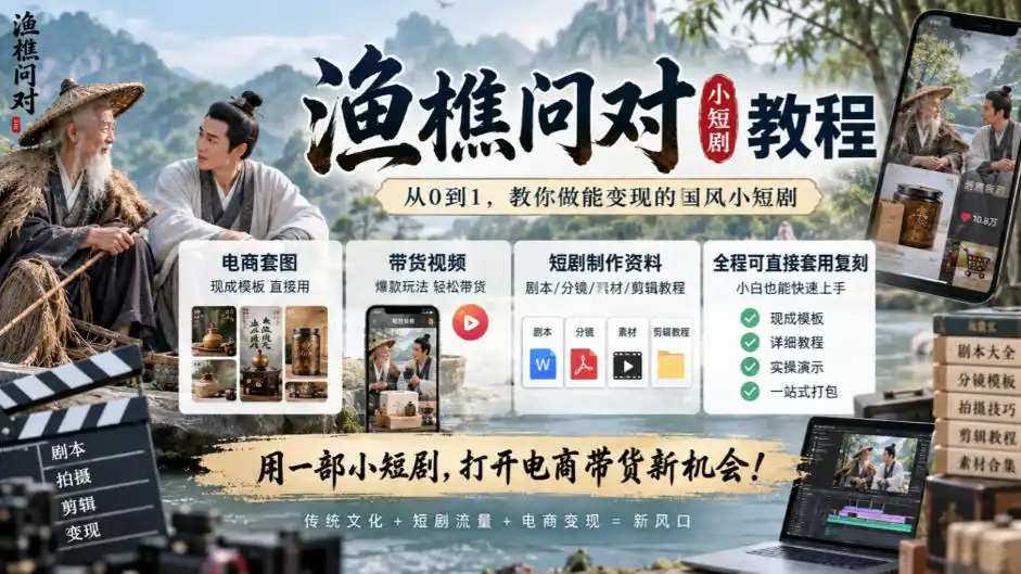 渔樵问对小短剧教程，包含电商套图、带货视频，短剧制作资料，全程可直接套用复刻-一起筹课网