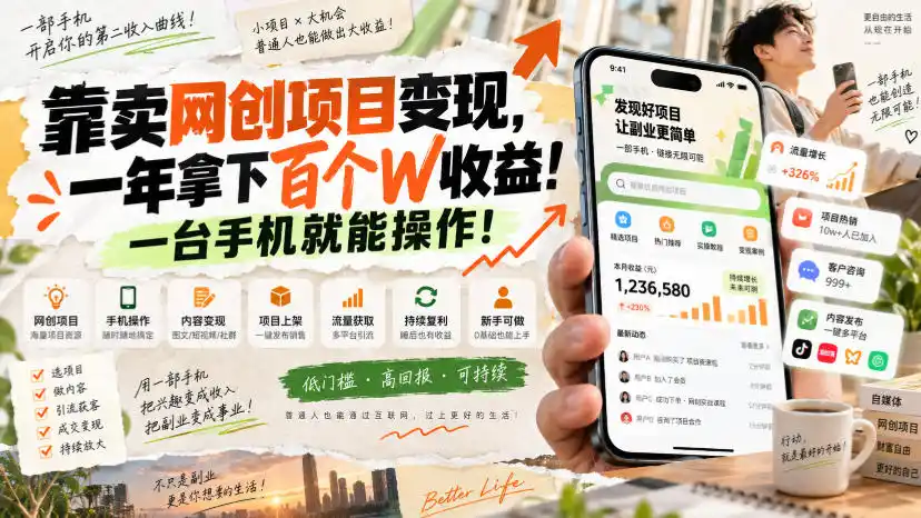 网创小程序虚拟资料变现，一年拿下百万收益，一部手机就可以做，0成本变现副业！-一起筹课网