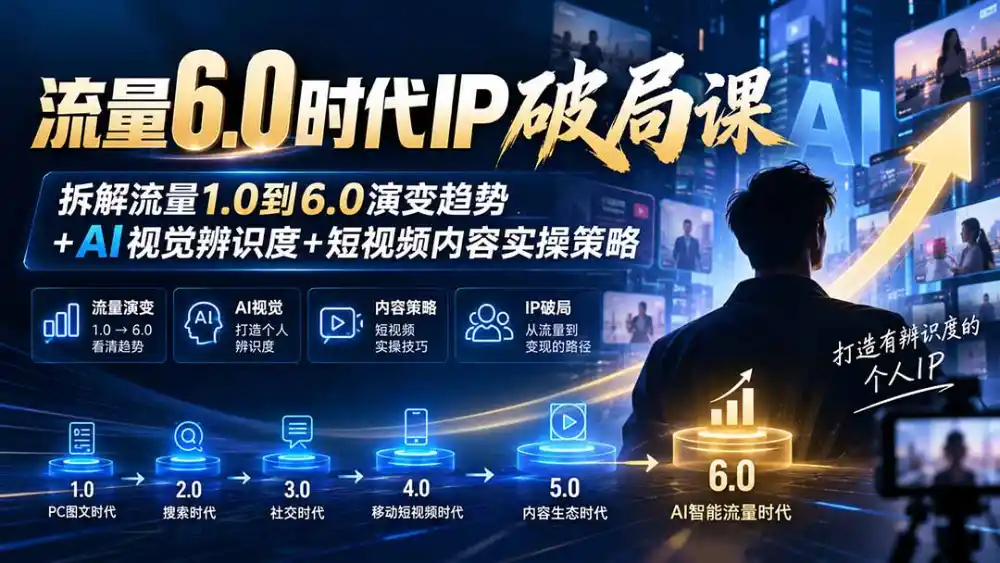 流量6.0时代IP破局课：拆解流量1.0到6.0演变趋势+AI视觉辨识度+短视频内容实操策略-一起筹课网