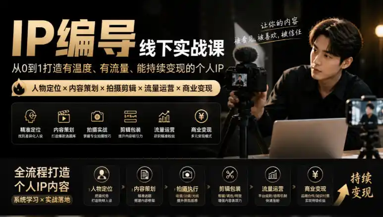 【无水印】IP编导线下实战课，从人物定位到短视频拍摄剪辑，全流程打造有温度、有流量、能持续变现的个人IP内容-一起筹课网