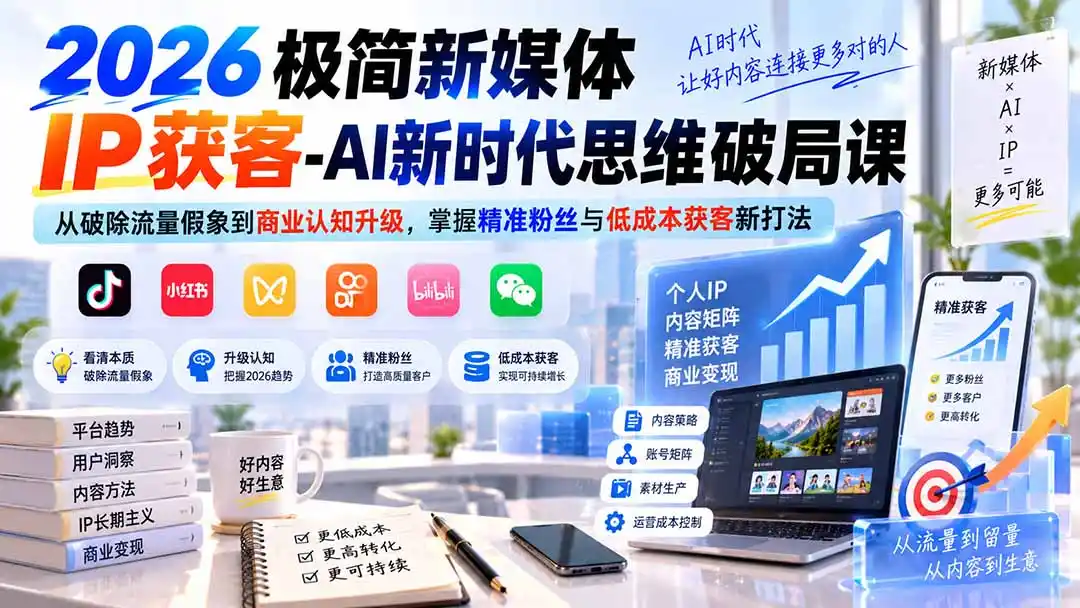 2026极简新媒体IP获客-AI新时代思维破局课：从破除流量假象到商业认知升级，掌握精准粉丝与低成本获客新打法-一起筹课网