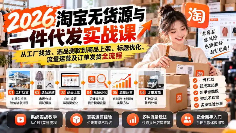 2026淘宝无货源与一件代发实战课:从工厂找货、选品测款到商品上架、标题优化、流量运营及订单发货全流程-一起筹课网
