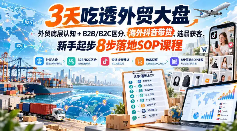 3天吃透外贸大盘，外贸底层认知+B2B/B2C区分、海外抖音带货、选品获客，新手起步8步落地SOP课程-一起筹课网