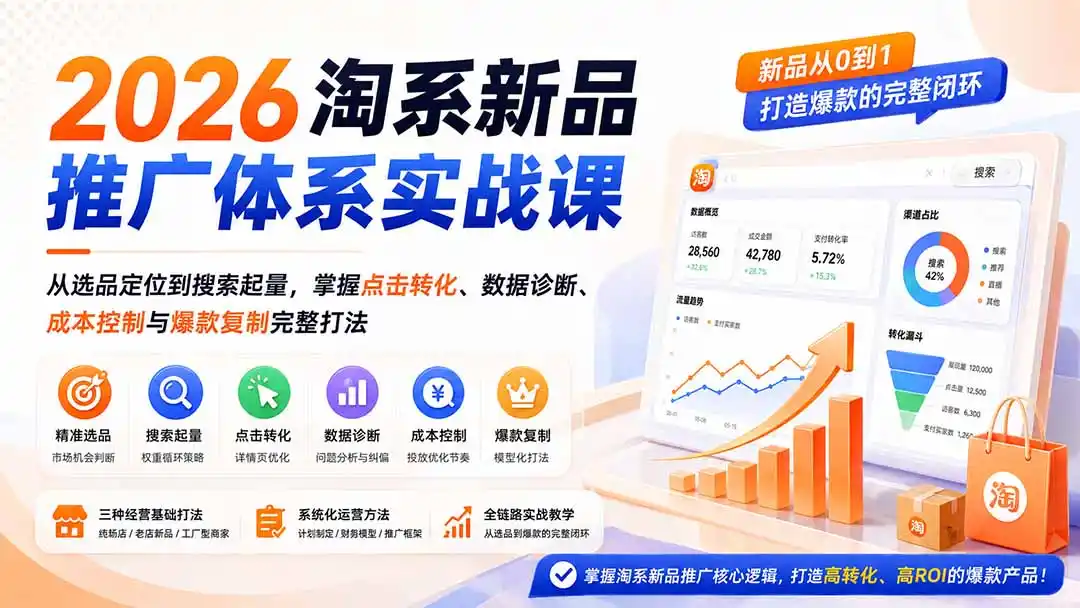 2026淘系新品推广体系实战课：从选品定位到搜索起量，掌握点击转化、数据诊断、成本控制与爆款复制完整打法-一起筹课网