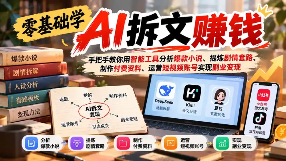 零基础学AI拆文赚钱：手把手教你用智能工具分析爆款小说、提炼剧情套路、制作付费资料、运营短视频账号实现副业变现-一起筹课网