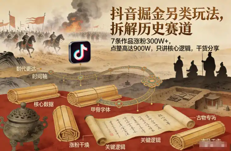 抖音掘金另类玩法,拆解历史赛道,7条作品涨粉300W+,点赞量高达900W,只讲核心逻辑,干货分享-一起筹课网