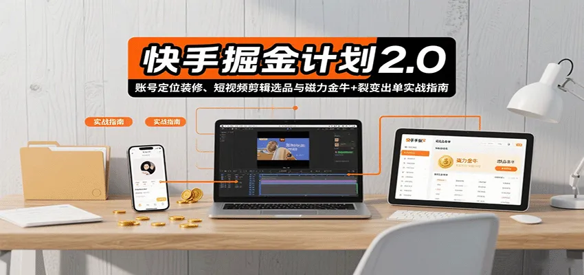 快手掘金计划2.0，账号定位装修、短视频剪辑选品与磁力金牛+裂变出单实战指南-一起筹课网