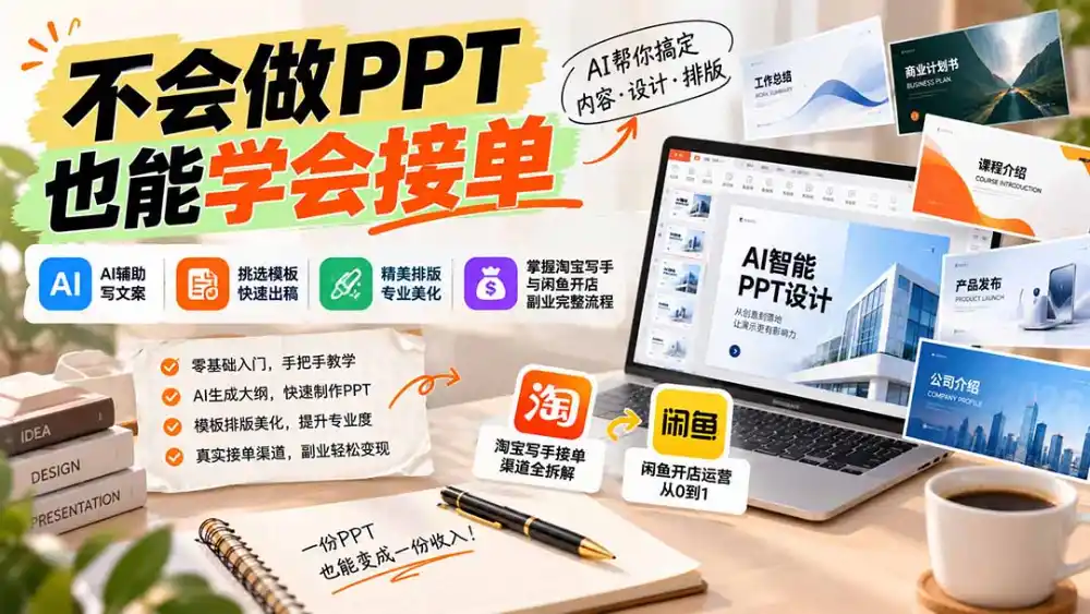 不会做PPT也能学会接单：AI辅助写文案、挑模板、做排版，掌握淘宝写手与闲鱼开店副业完整流程-一起筹课网