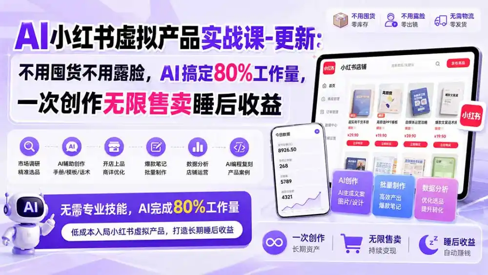 AI小红书虚拟产品实战课-更新1017：不用囤货不用露脸，AI搞定80%工作量，一次创作无限售卖睡后收益-一起筹课网