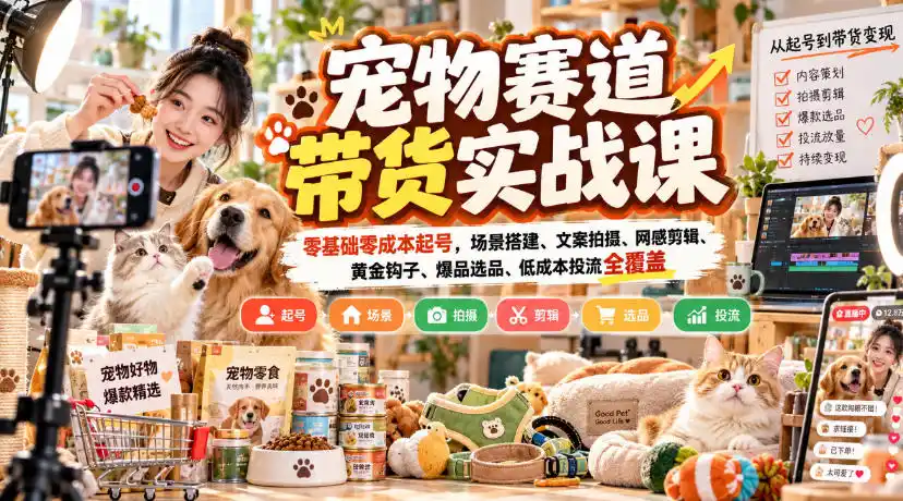 宠物赛道带货实战课，零基础零成本起号，场景搭建、文案拍摄、网感剪辑、黄金钩子、爆品选品、低成本投流全覆盖-一起筹课网