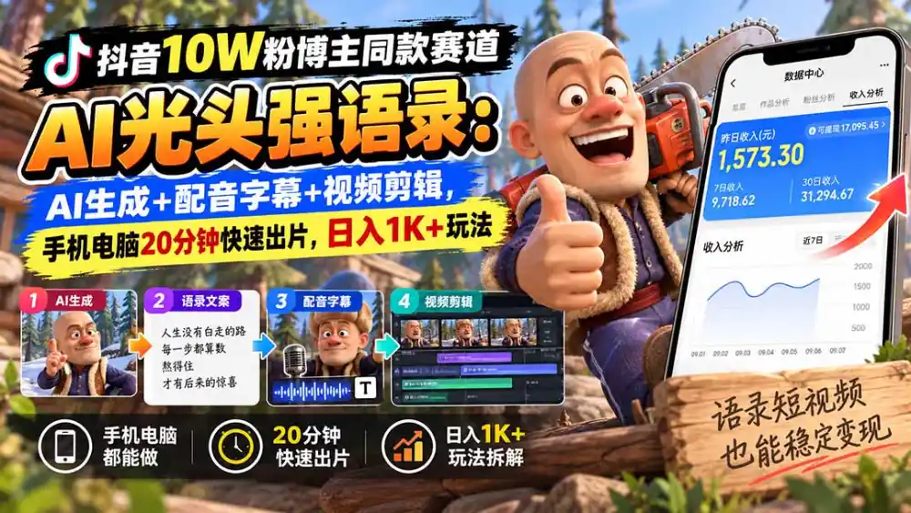【无水印】抖音10W粉博主同款赛道AI光头强语录：AI生成+配音字幕+视频剪辑，手机电脑20分钟快速出片，日入1K+玩法-一起筹课网