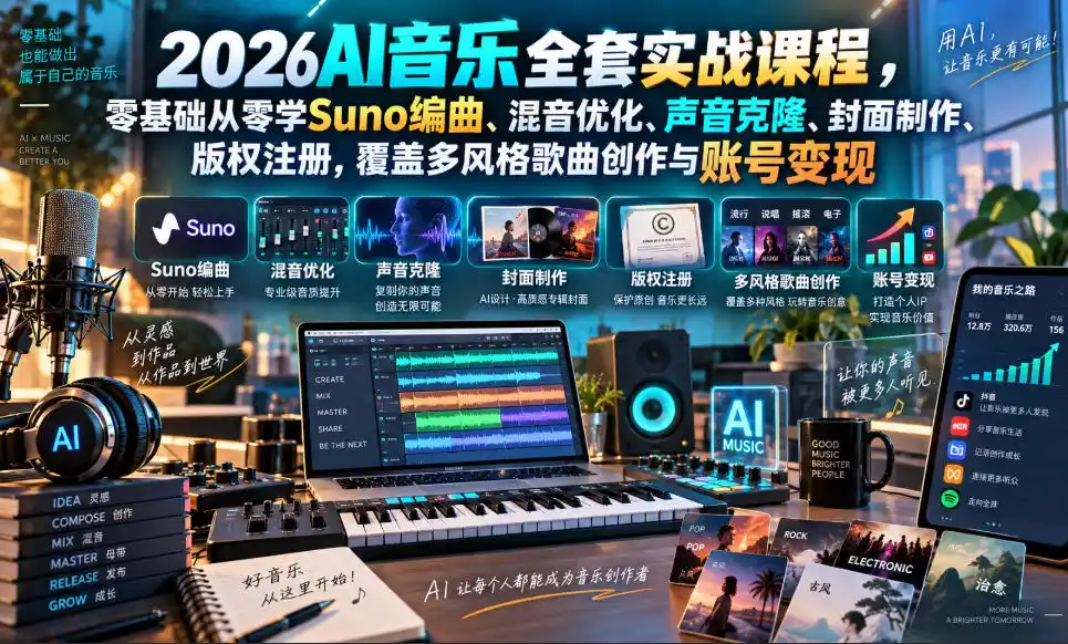 2026AI音乐实战课程，零基础从零学Suno编曲、混音优化、声音克隆、版权注册，覆盖多风格歌曲创作与账号变现-一起筹课网