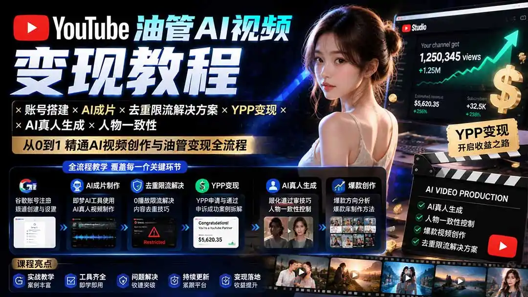 YouTube油管AI视频变现教程：账号搭建×AI成片×去重限流解决方案×YPP变现×AI真人生成×人物一致性-一起筹课网
