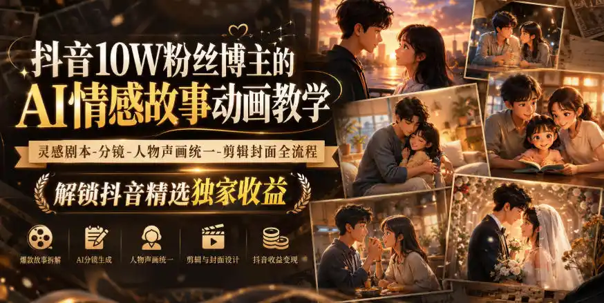 抖音10W粉丝博主的AI情感故事动画教学，灵感剧本‑分镜‑人物声画统一‑剪辑封面全流程，解锁抖音精选独家收益-一起筹课网