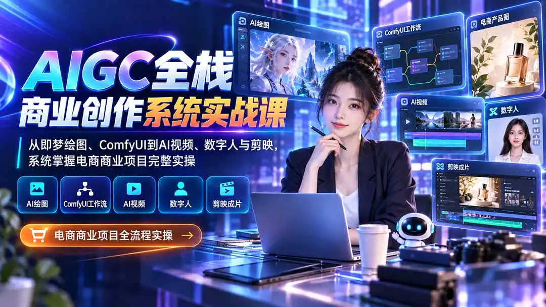 AIGC全栈商业创作系统实战课-无水印：从即梦绘图、ComfyUI到AI视频、数字人与剪映，系统掌握电商商业项目完整实操-一起筹课网