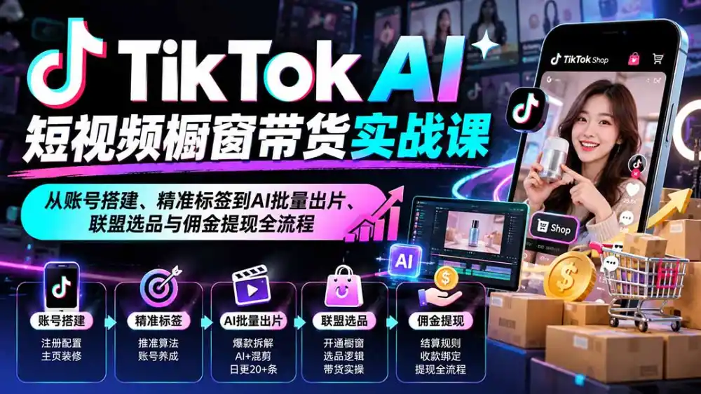 TikTok AI短视频橱窗带货实战课：从账号搭建、精准标签到AI批量出片、联盟选品与佣金提现全流程-一起筹课网