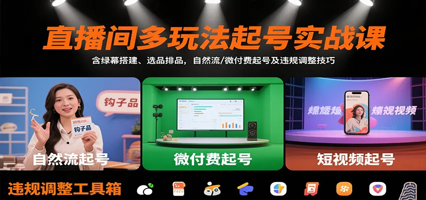 直播间多玩法起号实战课：含绿幕搭建、选品排品，自然流/微付费起号及违规调整技巧-一起筹课网