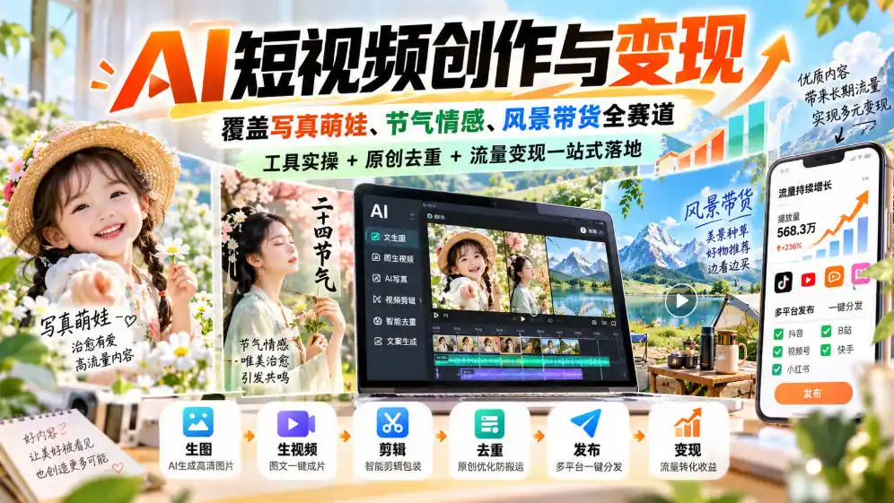 AI短视频创作与变现，覆盖写真萌娃、节气情感、风景带货全赛道，工具实操+原创去重+流量变现一站式落地-一起筹课网