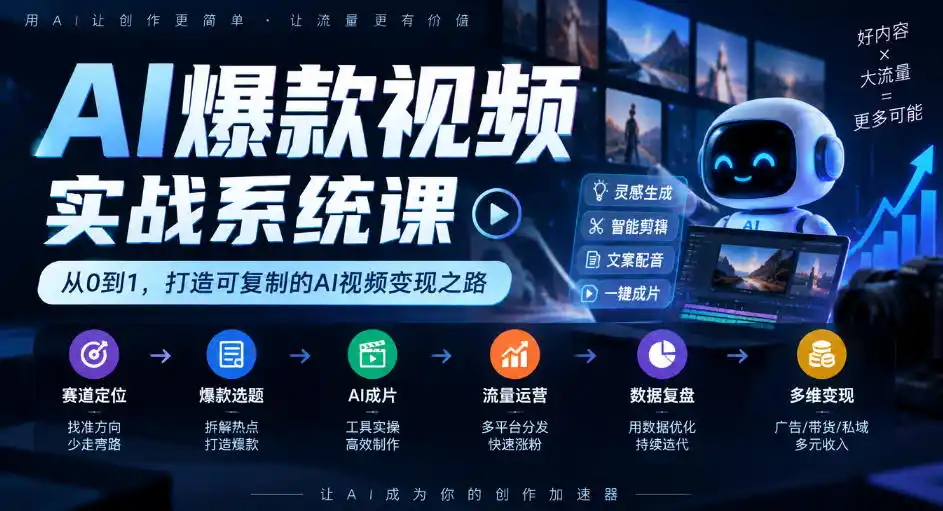 AI爆款视频实战系统课｜赛道定位、爆款选题、AI成片、流量运营、数据复盘、多维变现全链路教学-一起筹课网