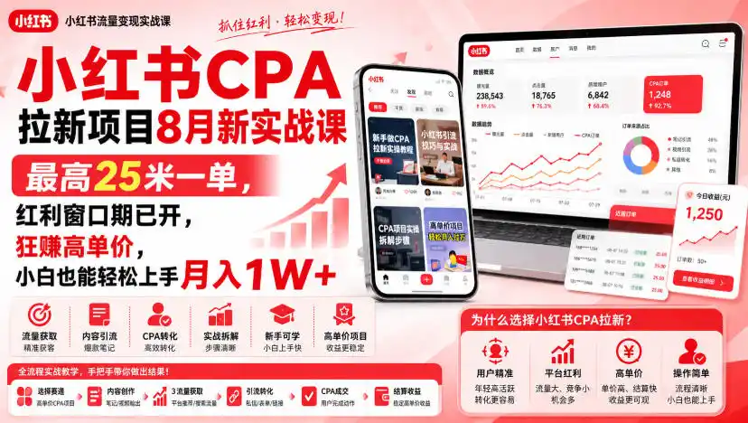 小红书CPA拉新项目8月新实战课，最高25米一单，红利窗口期已开，狂賺高单价，小白也能轻松上手月入1W+-一起筹课网
