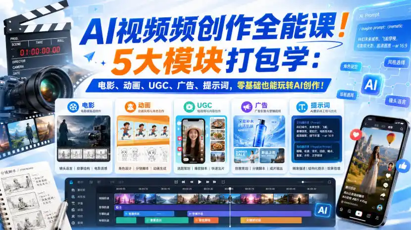 AI视频频创作全能课！5大模块打包学：电影、动画、UGC、广告、提示词，零基础也能玩转AI创作！【原创双语字幕】-一起筹课网