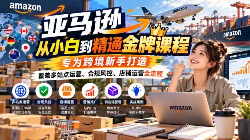 亚马逊从小白到精通金牌课程，专为跨境新手打造，覆盖多站点运营、合规风控、店铺运营全流程-一起筹课网